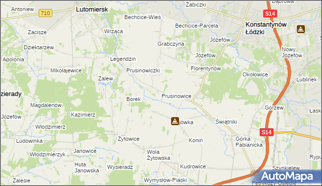 mapa Prusinowice gmina Lutomiersk, Prusinowice gmina Lutomiersk na mapie Targeo