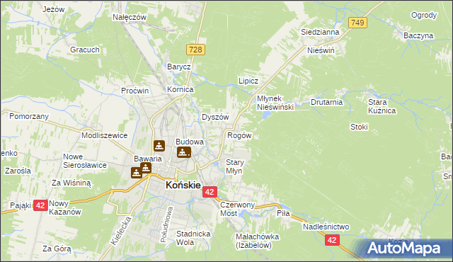 mapa Rogów gmina Końskie, Rogów gmina Końskie na mapie Targeo