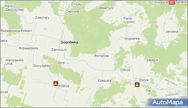 mapa Romanów gmina Sosnówka, Romanów gmina Sosnówka na mapie Targeo