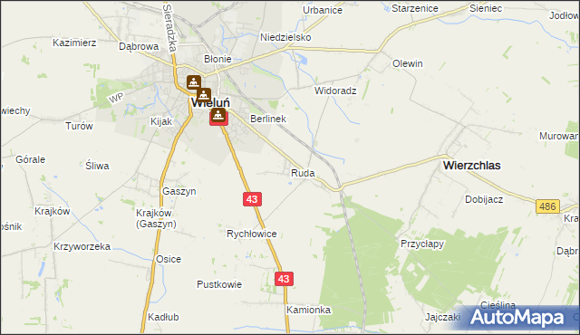 mapa Ruda gmina Wieluń, Ruda gmina Wieluń na mapie Targeo