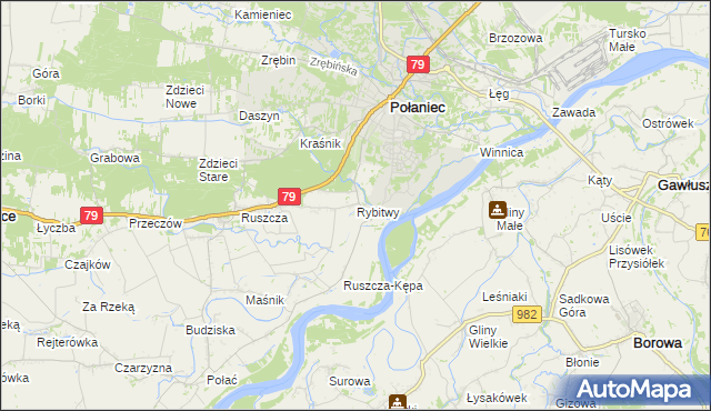 mapa Rybitwy gmina Połaniec, Rybitwy gmina Połaniec na mapie Targeo