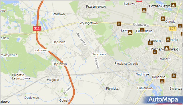 mapa Skórzewo gmina Dopiewo, Skórzewo gmina Dopiewo na mapie Targeo