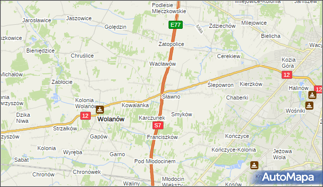 mapa Sławno gmina Wolanów, Sławno gmina Wolanów na mapie Targeo