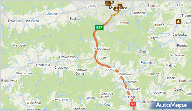 mapa Stróża gmina Pcim, Stróża gmina Pcim na mapie Targeo