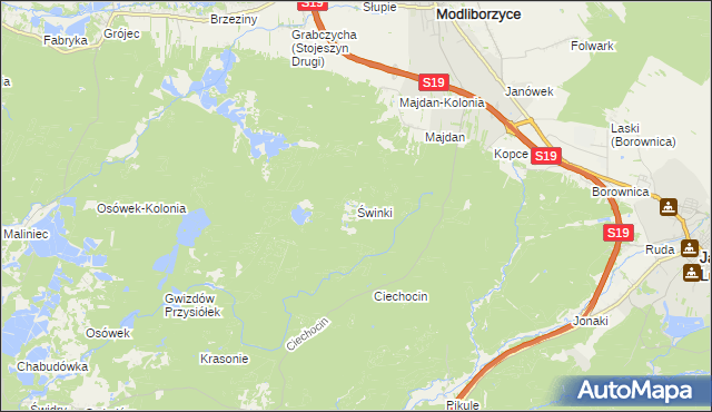 mapa Świnki gmina Modliborzyce, Świnki gmina Modliborzyce na mapie Targeo