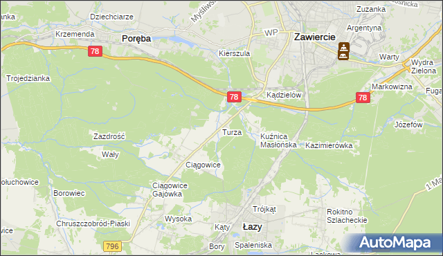 mapa Turza gmina Łazy, Turza gmina Łazy na mapie Targeo