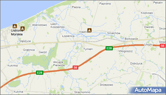 mapa Tymień gmina Będzino, Tymień gmina Będzino na mapie Targeo