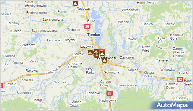 mapa Wadowice, Wadowice na mapie Targeo