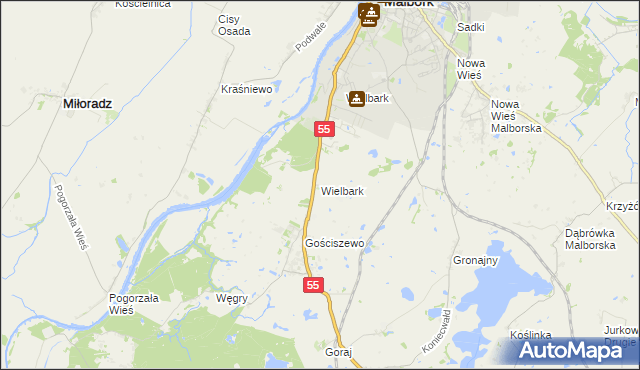 mapa Wielbark gmina Malbork, Wielbark gmina Malbork na mapie Targeo