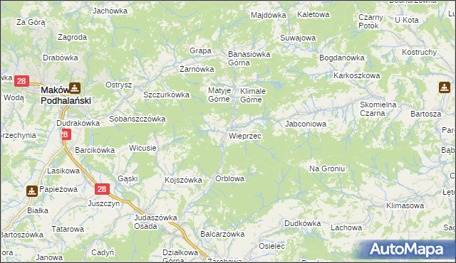 mapa Wieprzec gmina Maków Podhalański, Wieprzec gmina Maków Podhalański na mapie Targeo