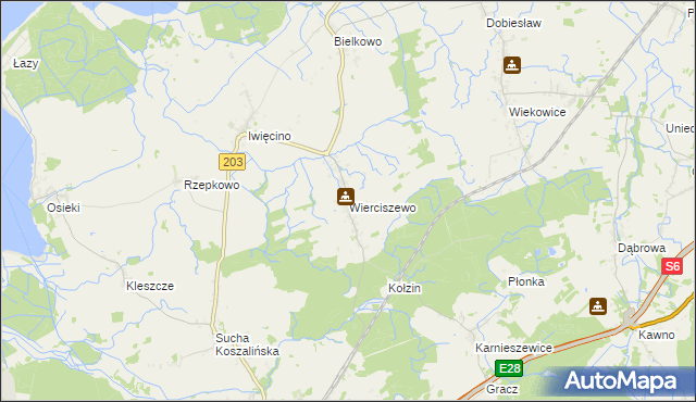 mapa Wierciszewo gmina Sianów, Wierciszewo gmina Sianów na mapie Targeo