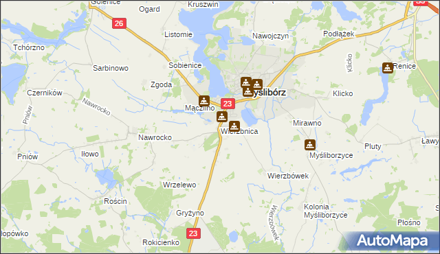 mapa Wierzbnica gmina Myślibórz, Wierzbnica gmina Myślibórz na mapie Targeo