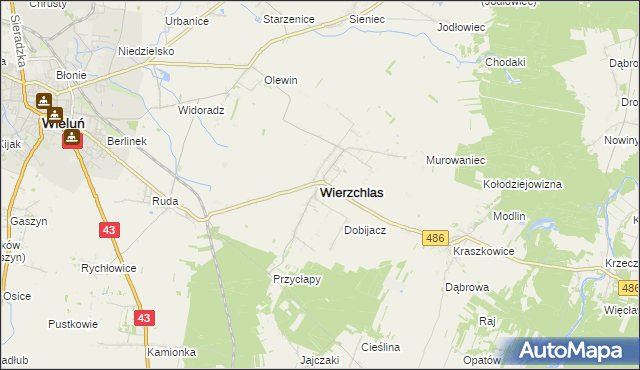 mapa Wierzchlas powiat wieluński, Wierzchlas powiat wieluński na mapie Targeo