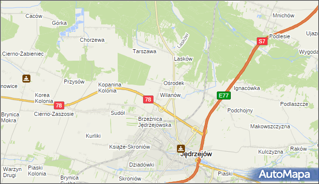 mapa Wilanów gmina Jędrzejów, Wilanów gmina Jędrzejów na mapie Targeo