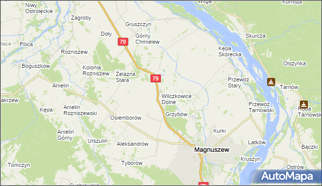 mapa Wilczkowice Dolne gmina Magnuszew, Wilczkowice Dolne gmina Magnuszew na mapie Targeo