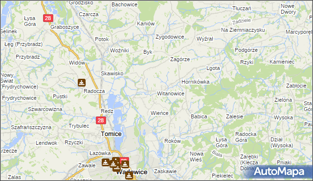 mapa Witanowice gmina Tomice, Witanowice gmina Tomice na mapie Targeo