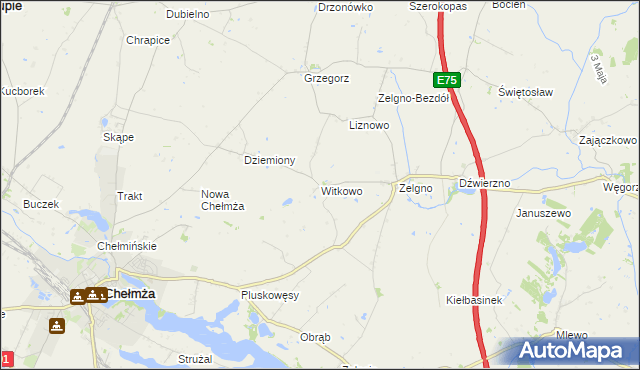 mapa Witkowo gmina Chełmża, Witkowo gmina Chełmża na mapie Targeo