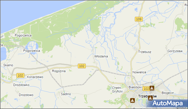 mapa Włodarka gmina Trzebiatów, Włodarka gmina Trzebiatów na mapie Targeo