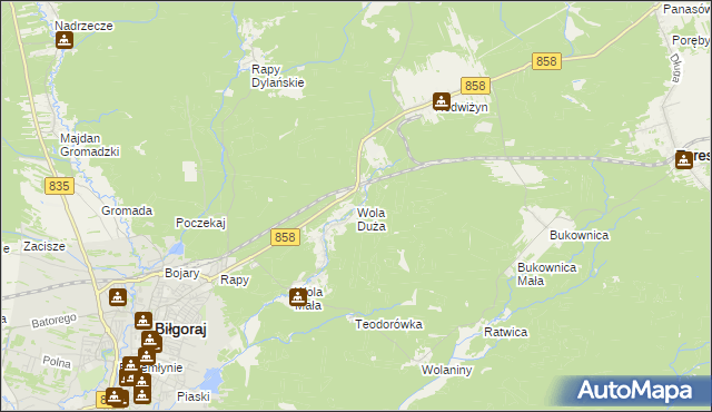 mapa Wola Duża gmina Biłgoraj, Wola Duża gmina Biłgoraj na mapie Targeo