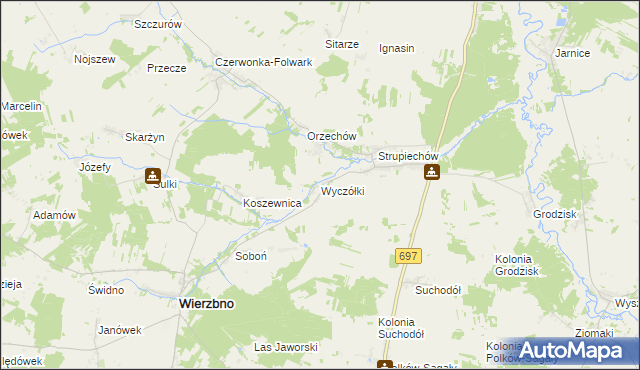 mapa Wyczółki gmina Wierzbno, Wyczółki gmina Wierzbno na mapie Targeo