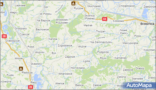 mapa Wyźrał gmina Brzeźnica, Wyźrał gmina Brzeźnica na mapie Targeo