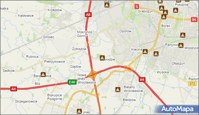 mapa Zabrodzie gmina Kąty Wrocławskie, Zabrodzie gmina Kąty Wrocławskie na mapie Targeo