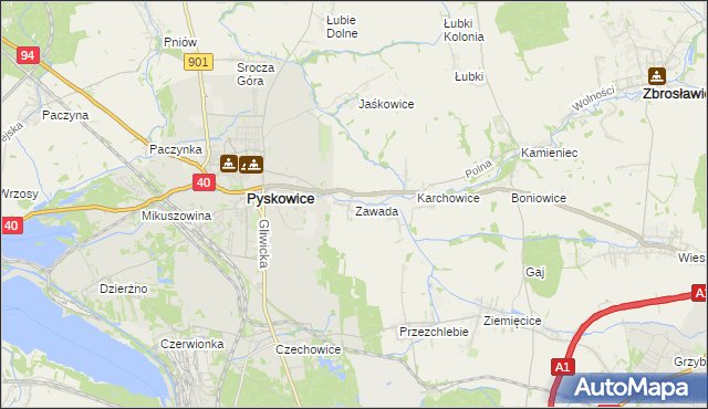 mapa Zawada gmina Zbrosławice, Zawada gmina Zbrosławice na mapie Targeo