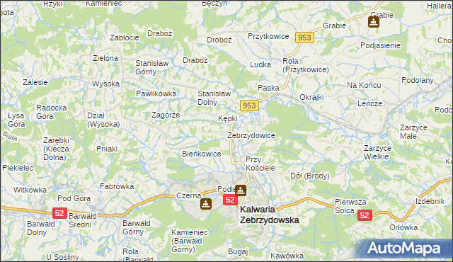 mapa Zebrzydowice gmina Kalwaria Zebrzydowska, Zebrzydowice gmina Kalwaria Zebrzydowska na mapie Targeo