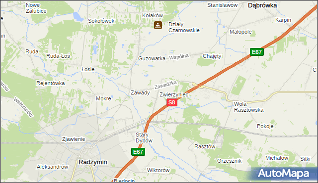 mapa Zwierzyniec gmina Radzymin, Zwierzyniec gmina Radzymin na mapie Targeo