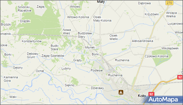 mapa Borki gmina Koło, Borki gmina Koło na mapie Targeo