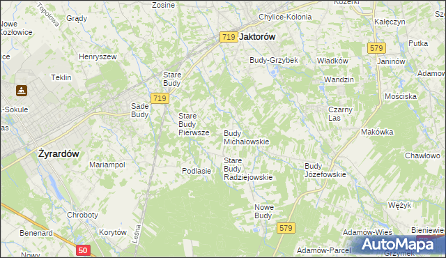 mapa Budy Michałowskie gmina Jaktorów, Budy Michałowskie gmina Jaktorów na mapie Targeo