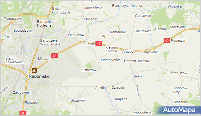 mapa Florentynów gmina Kodrąb, Florentynów gmina Kodrąb na mapie Targeo