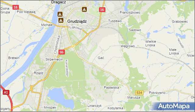 mapa Gać gmina Grudziądz, Gać gmina Grudziądz na mapie Targeo