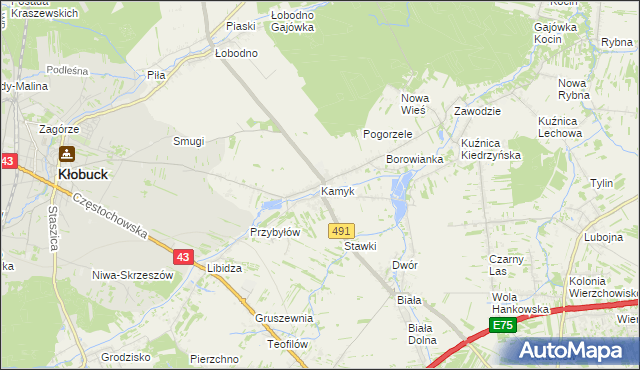 mapa Kamyk gmina Kłobuck, Kamyk gmina Kłobuck na mapie Targeo