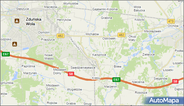 mapa Karsznice gmina Zduńska Wola, Karsznice gmina Zduńska Wola na mapie Targeo