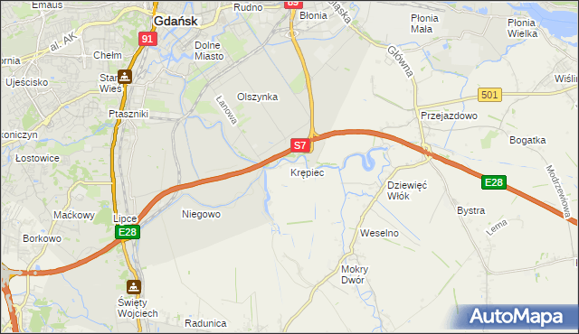 mapa Krępiec gmina Pruszcz Gdański, Krępiec gmina Pruszcz Gdański na mapie Targeo