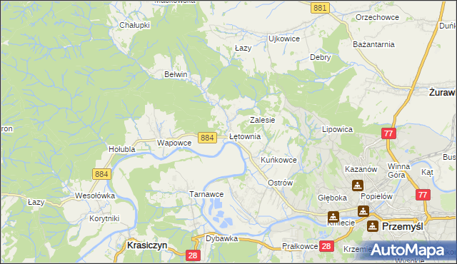 mapa Łętownia gmina Przemyśl, Łętownia gmina Przemyśl na mapie Targeo