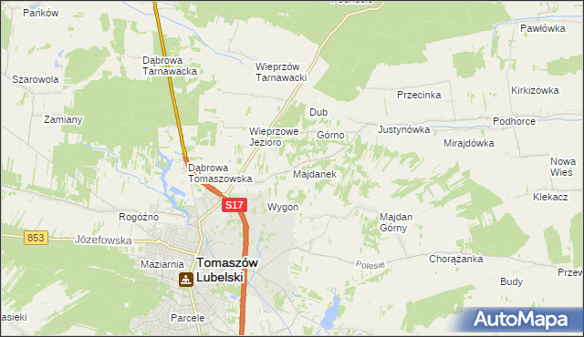 mapa Majdanek gmina Tomaszów Lubelski, Majdanek gmina Tomaszów Lubelski na mapie Targeo