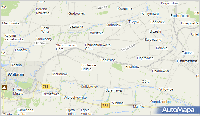 mapa Podlesice gmina Charsznica, Podlesice gmina Charsznica na mapie Targeo
