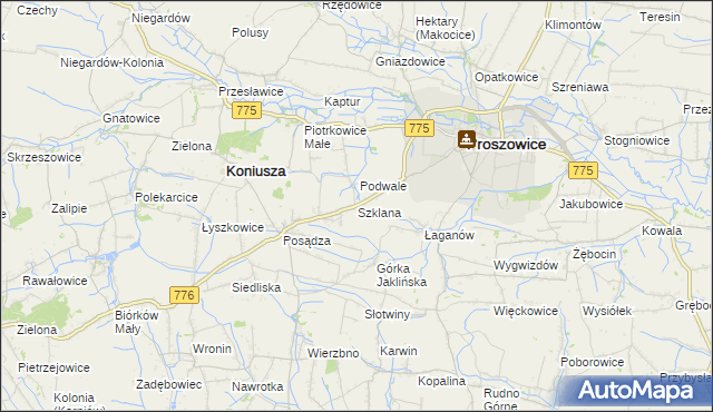 mapa Szklana gmina Proszowice, Szklana gmina Proszowice na mapie Targeo