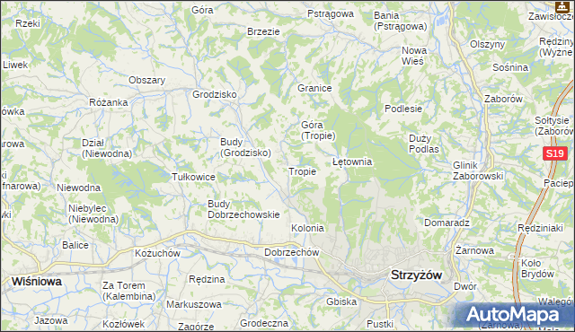 mapa Tropie gmina Strzyżów, Tropie gmina Strzyżów na mapie Targeo