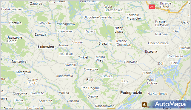 mapa Mokra Wieś gmina Podegrodzie, Mokra Wieś gmina Podegrodzie na mapie Targeo