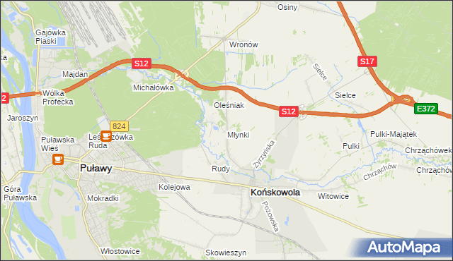 mapa Młynki gmina Końskowola, Młynki gmina Końskowola na mapie Targeo