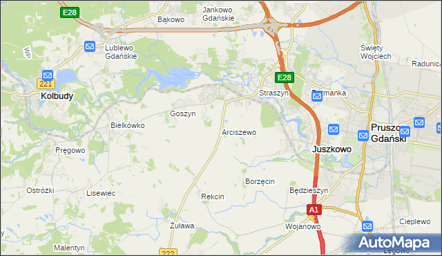 mapa Arciszewo gmina Pruszcz Gdański, Arciszewo gmina Pruszcz Gdański na mapie Targeo