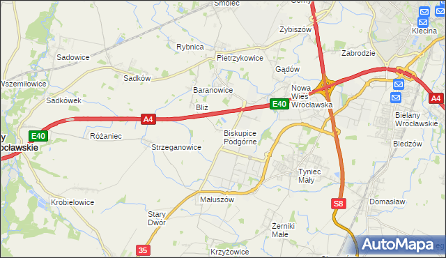 mapa Biskupice Podgórne, Biskupice Podgórne na mapie Targeo