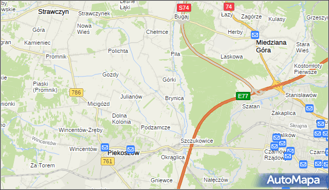 mapa Brynica gmina Piekoszów, Brynica gmina Piekoszów na mapie Targeo