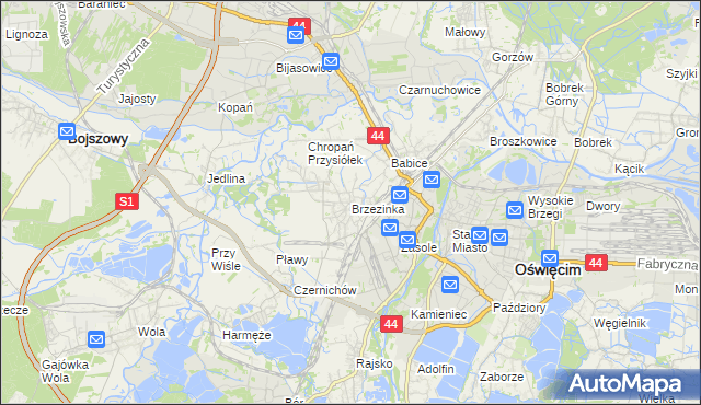 mapa Brzezinka gmina Oświęcim, Brzezinka gmina Oświęcim na mapie Targeo