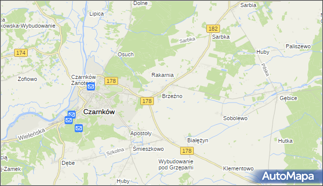 mapa Brzeźno gmina Czarnków, Brzeźno gmina Czarnków na mapie Targeo