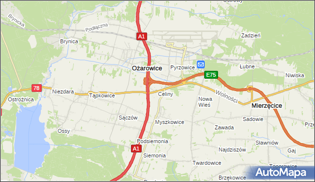 mapa Celiny gmina Ożarowice, Celiny gmina Ożarowice na mapie Targeo