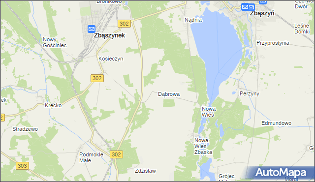 mapa Dąbrowa gmina Zbąszyń, Dąbrowa gmina Zbąszyń na mapie Targeo